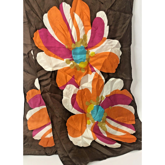 Nicole Miller Studio 100% Silk Neck Scarf Orange Brown Pink Mod Flowers 53"x11" - Picture 2 of 5
